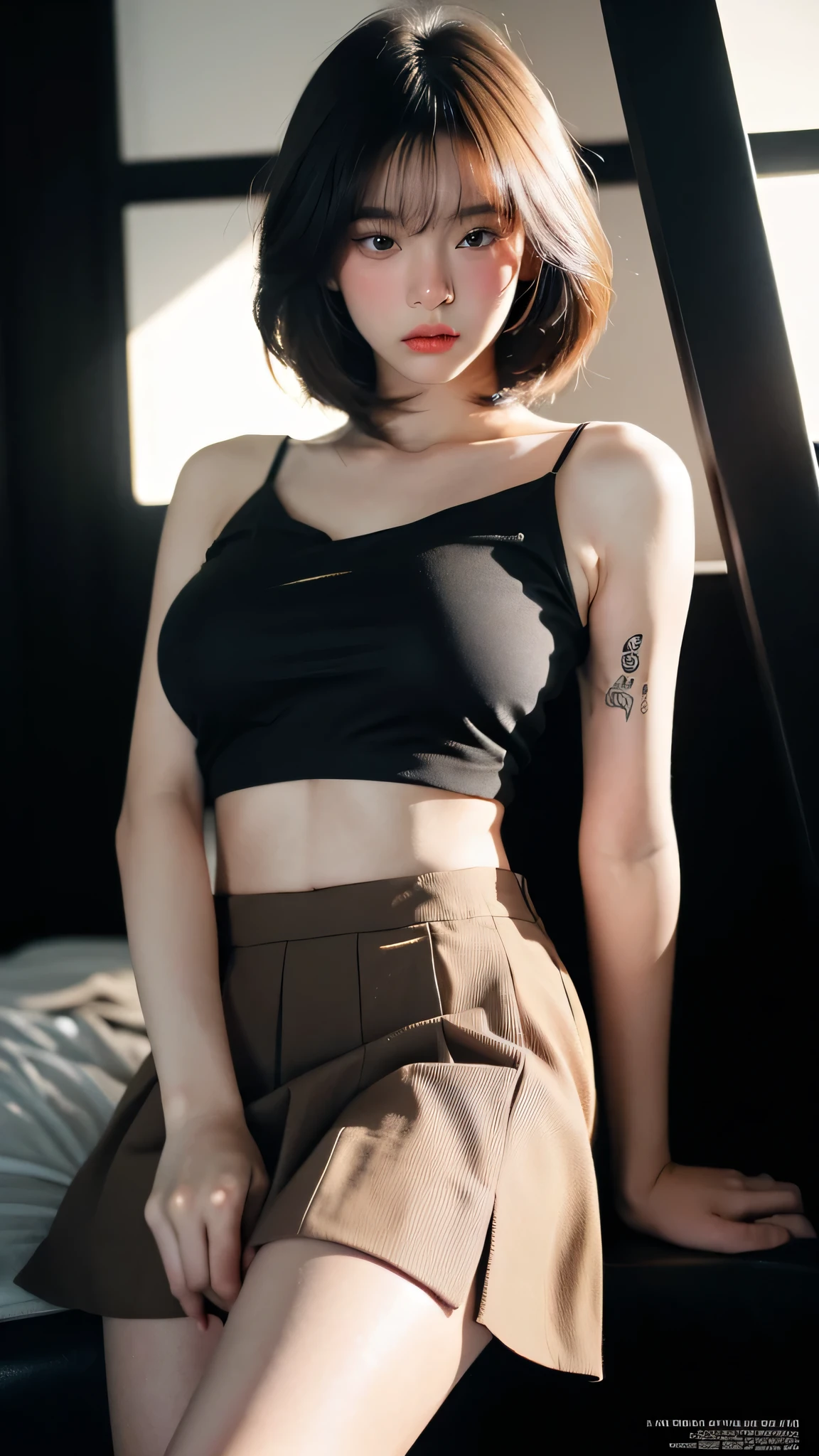 Magazine design，Fashion magazine, ( dark background) , 21yo girl, black hair, bob hair, bang hair, (wearing blouse and skirt), natural medium breast, plump body,single sidelock hairpin blush, modern cinematic lighting, ray tracing, drop shadow wide shot UHD, textured skin, high details, best quality 4K,, setup face, sad.”
