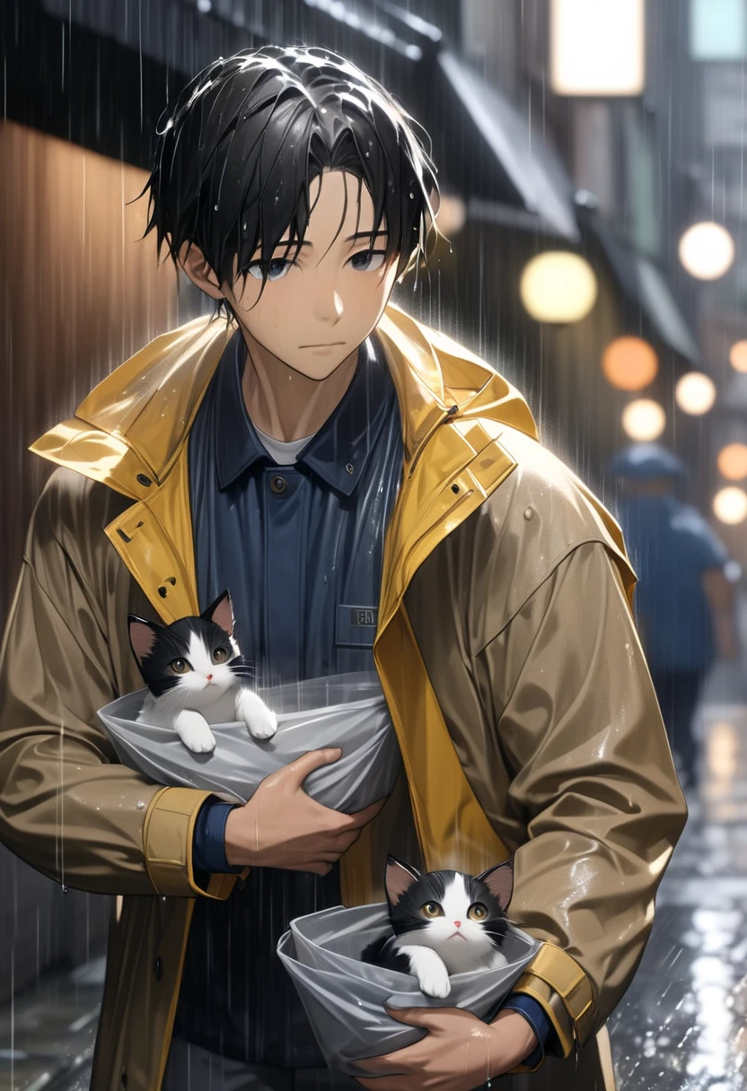 dark haired young man"Asuka"A composition of holding a small kitten in the rain as an alley cleaning job,(( motion blur:2.5 , Rain filter effect :2.0 ,  Background Blurred )), 優し気な表情のAsuka ,  2D digital art with a hearty atmosphere  ,Close up