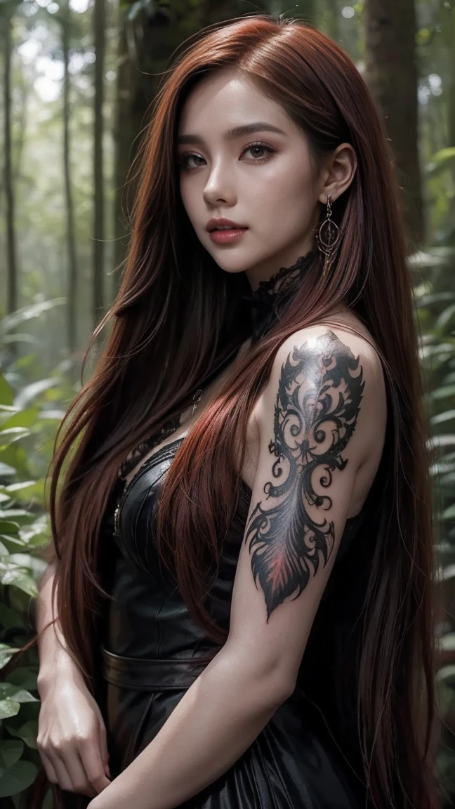 "Transport yourself to a world of fantasy and wonder with this visually striking digital artwork. A mysterious woman with long red hair and a captivating black outfit stands amidst a lush forest, her body adorned with intricate tattoos that seem to come to life under the glowing sun."