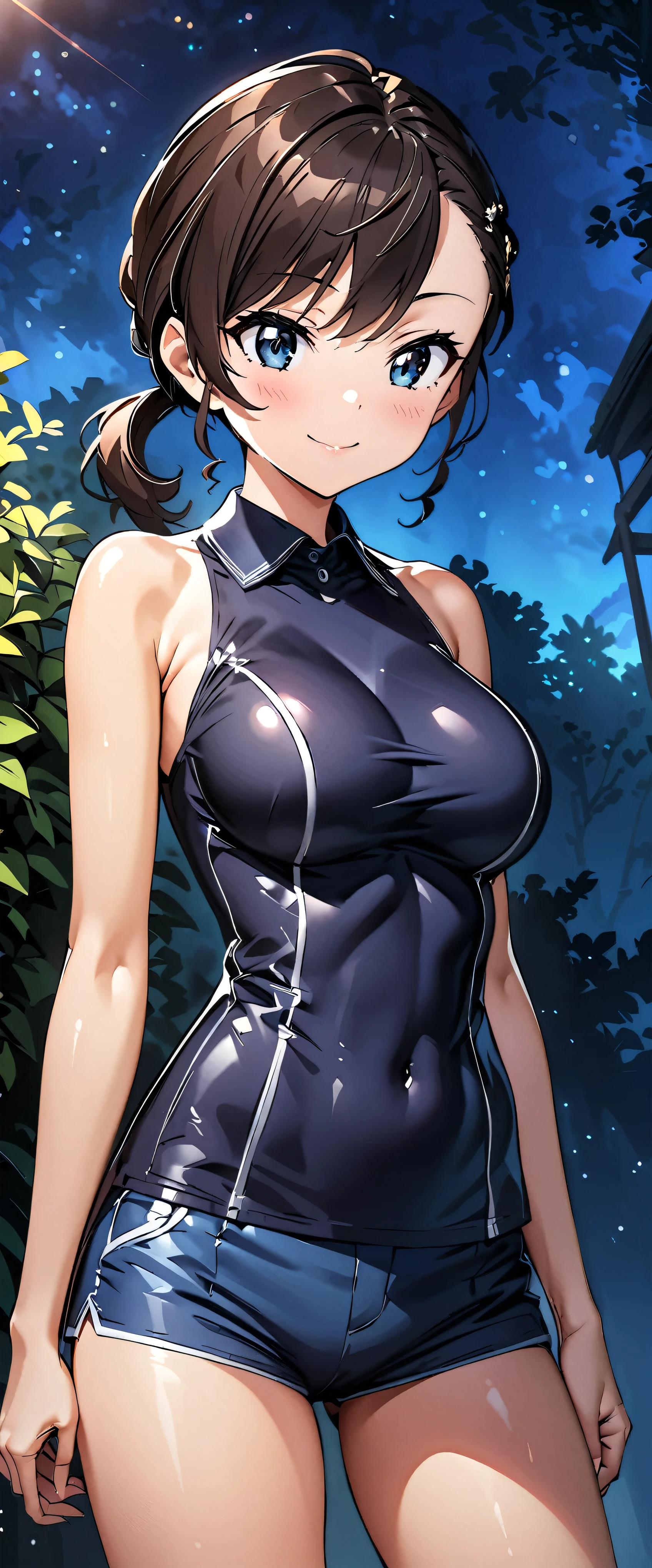 (((masterpiece)))、(( best quality))、( super detailed)、(CG illustration)、( very beautiful girl ))、 cinematic light 、((1 Girl))、 、(Beautiful and luxurious:1.2)、( one girl:1.3),garden,Junior high school students,Shiny sleeveless V-line bodysuit,jean micro shorts,,smile,, skinny,Fits perfectly against the skin,Big Breasts, ponytail 