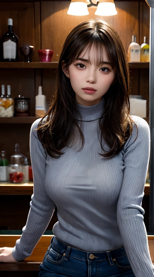 8k,  best quality,  Realistic Pictures,  realistic detail , Clear Face,  delicate facial features, Real Skin Glow,  cute girl, shy, Facing the camera,  girl sitting at the bar wearing a grey fishnet sweater and tight denim, Clear Bar Background, Ocean Views , Arms on the bar counter , Hip,  because she's slender , Big Breasts, 24 years old, Charming, Seductive eyes, facial, semen