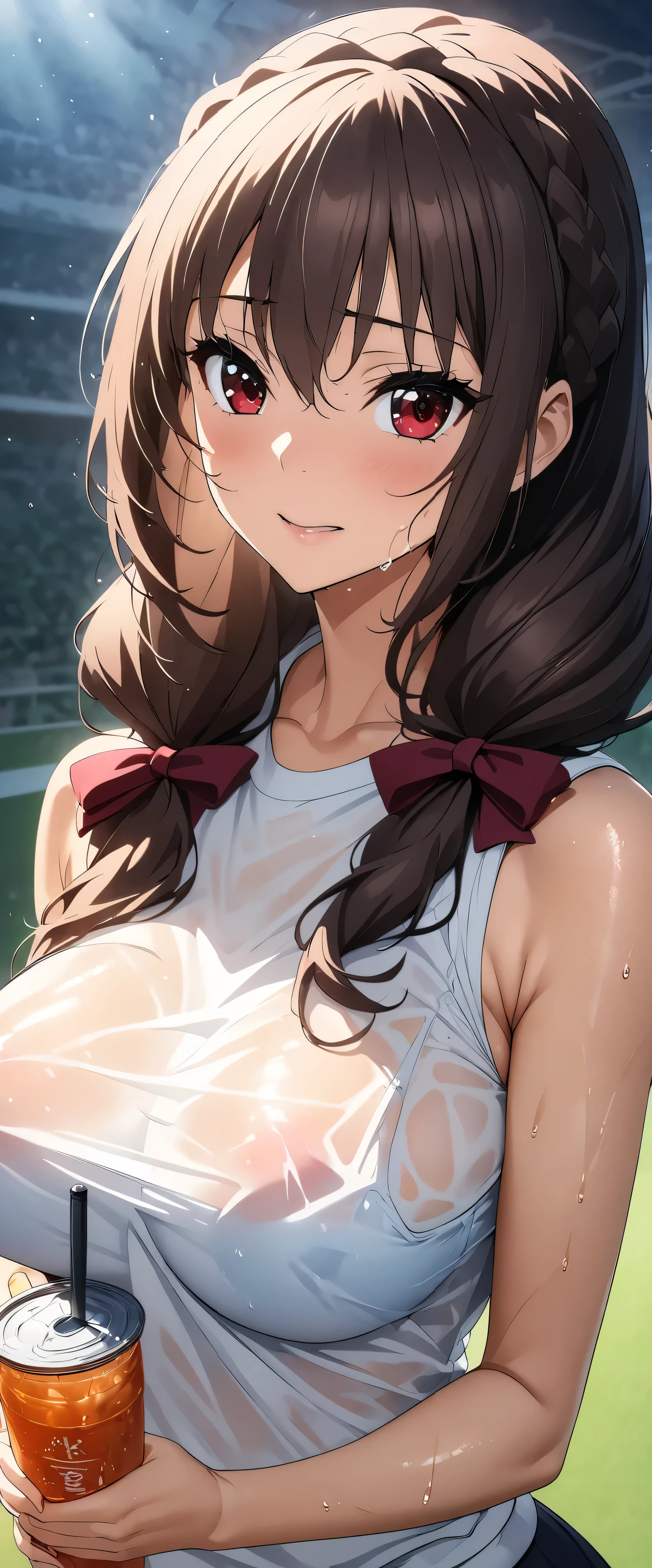 (((masterpiece)))、(( best quality))、( super detailed)、(CG illustration)、(Very beautiful woman))、 cinematic light 、((1 Female))、 、(Beautiful and luxurious:1.2)、( One Woman :1.3)Sports Stadium,,((Japanese white sleeveless gym clothes), and I'm wet from sweat,Beautiful ponytail,Drink a sports drink,,Yunyun,Her clothes are see-through and her bra is visible