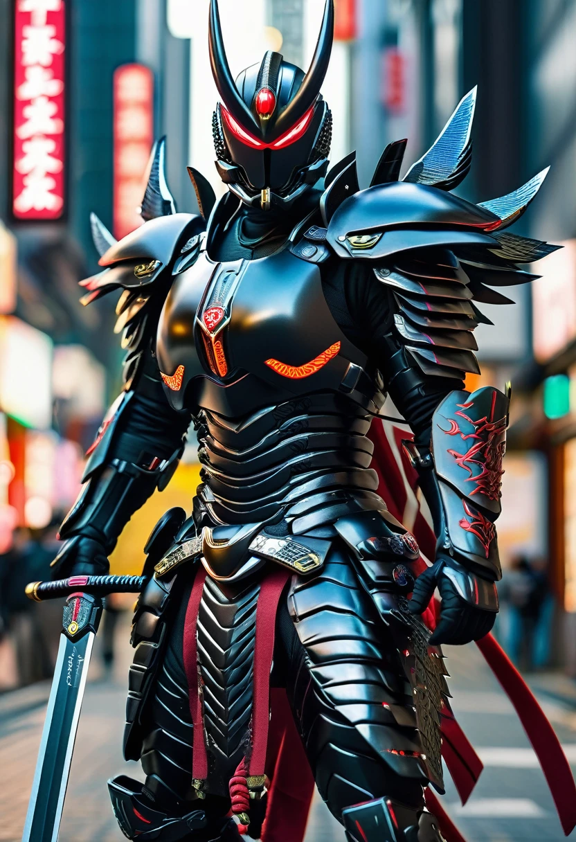 araffe dressed in a black suit holding a sword and a sword, cyborg samurai, cyber japan samurai armor, cyberpunk samurai,  very beautiful cyberpunk samurai, full samurai armor godzilla , Textured skin, Super Detail, high details, High quality, Best Quality, hight resolution, 1080P, hard disk, Gorgeous beauty,(Kamen Rider),(mask off),body suit,battle suits,Transformation Belt,Battle Mode,Metal,Transform into Kamen Rider,cyborgs,(Wings on your back)