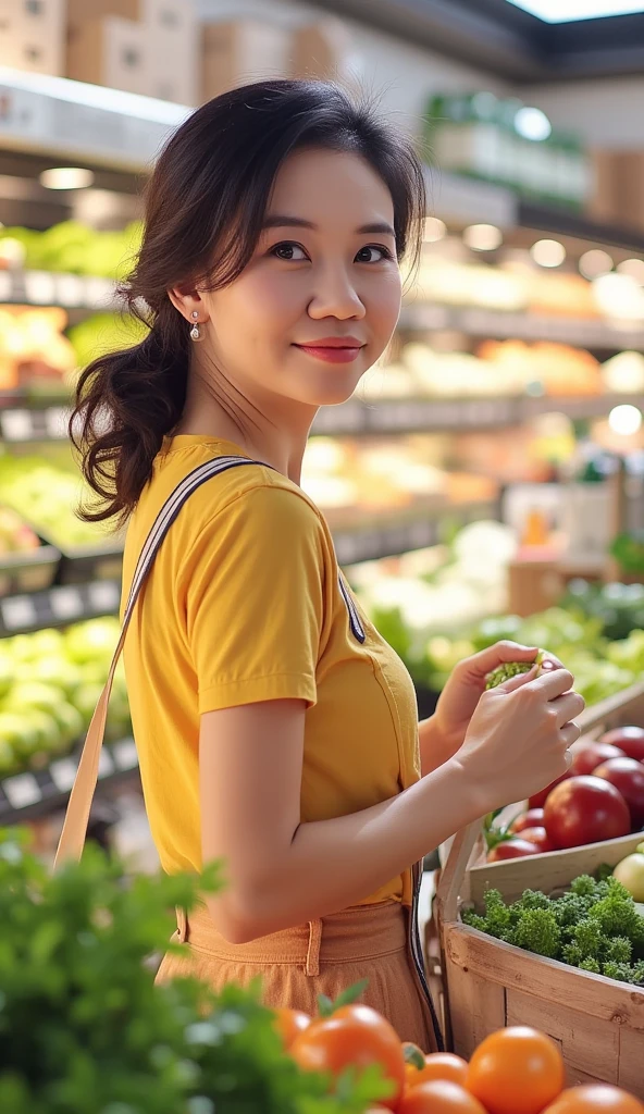 masterpiece, best quality, 1girl, casual outfit, grocery shopping, supermarket, picking vegetables, natural lighting, everyday scene, highly detailed, detail libs, detail eyes, detail nose,