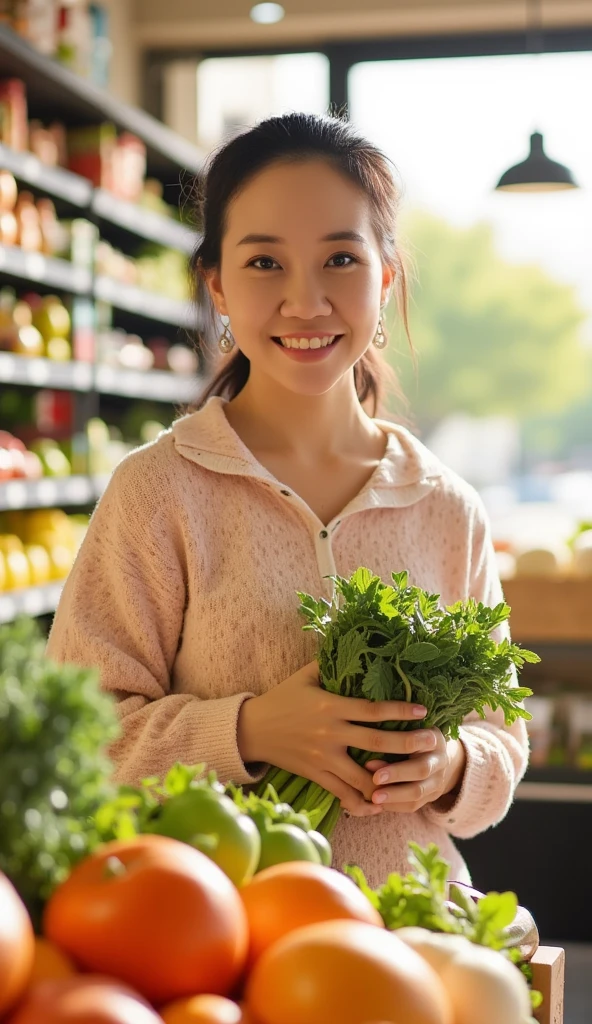 masterpiece, best quality, 1girl, casual outfit, grocery shopping, supermarket, picking vegetables, natural lighting, everyday scene, highly detailed, detail libs, detail eyes, detail nose,