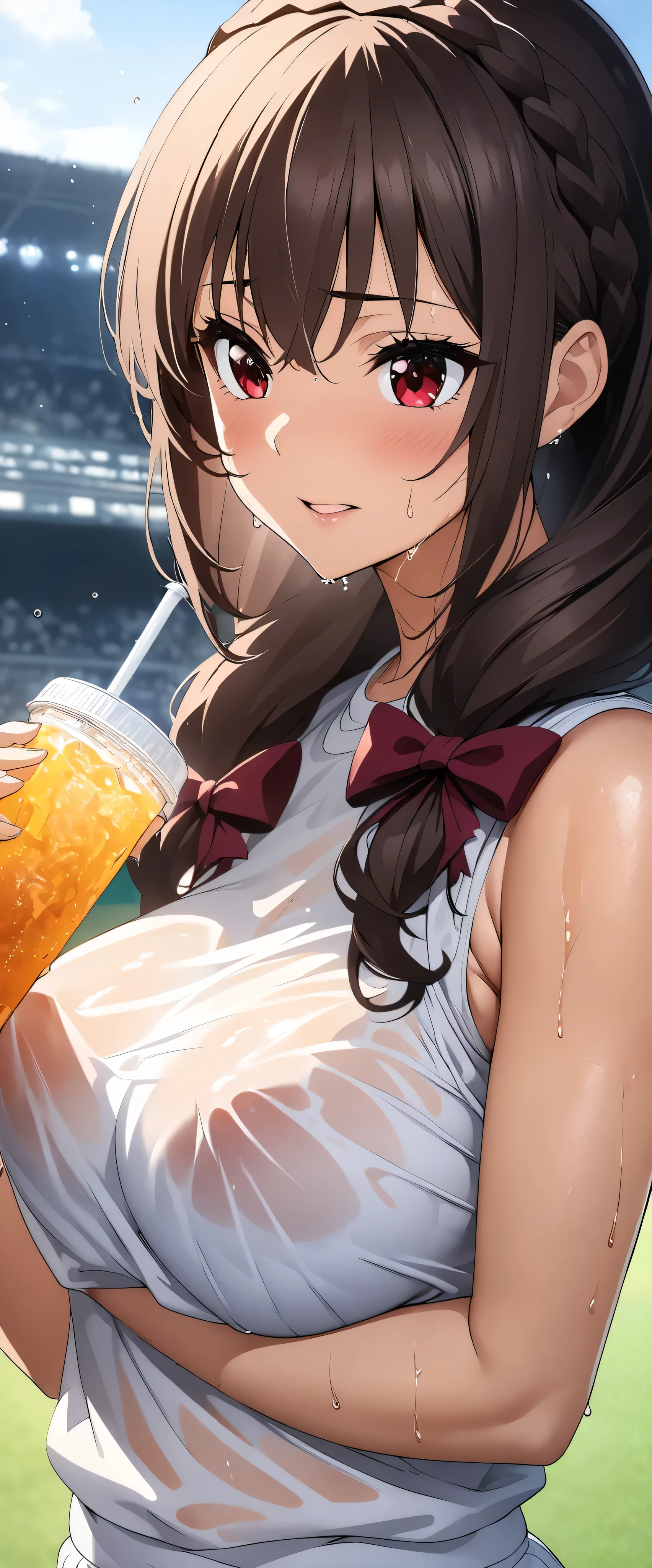 (((masterpiece)))、(( best quality))、( super detailed)、(CG illustration)、(Very beautiful woman))、 cinematic light 、((1 Female))、 、(Beautiful and luxurious:1.2)、( One Woman :1.3)Sports Stadium,,((Japanese white sleeveless gym clothes), and I'm wet from sweat,Beautiful ponytail,Drink a sports drink,,Yunyun,Her clothes are see-through and her bra is visible