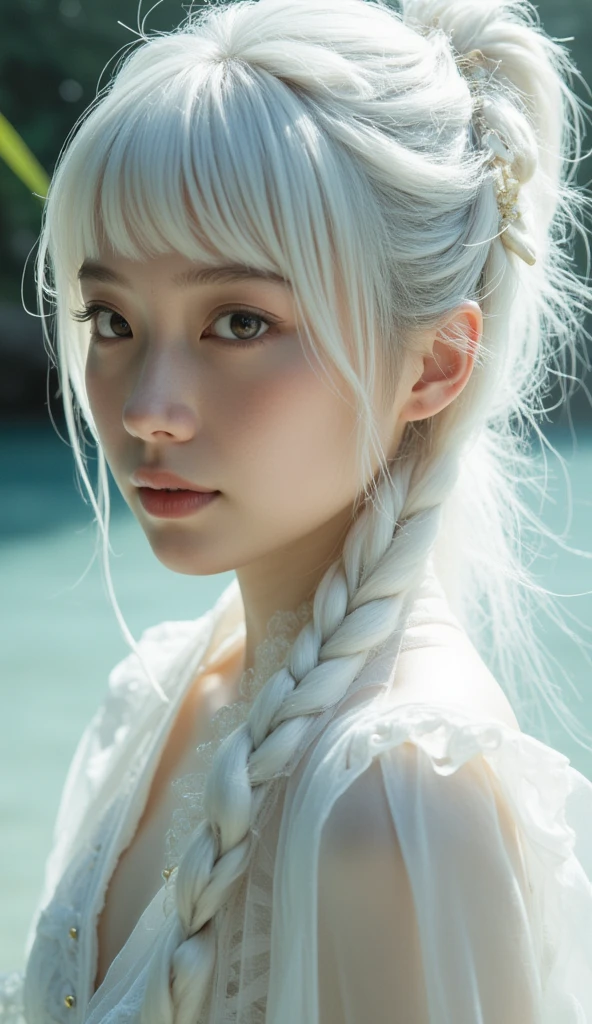 excellent, masterpiece, white hair,  blue eyes ,  white clothes ,  upper body, hair,  Fair Skin , Side braid ,  best quality 