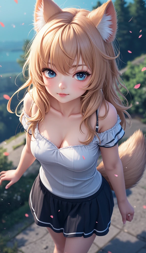 masterpiece,  best quality , Wolf Girl, Elegant, 1 Girl,  Wolf Ears , Wolf Tail,  cute, Blushing,  and watch the audience, From above, Blonde wavy hair , mini skirt,  white and black striped t-shirt,  blue eyes ,  Beautiful Eyes ,  beautiful background , Light Particles,  sunshine,  dramatic lighting, external, Shiny,  actual , masterpiece,  best quality , ultra- detailed,  detailed, landscape, beautiful  detailed eyes,  detailed hair