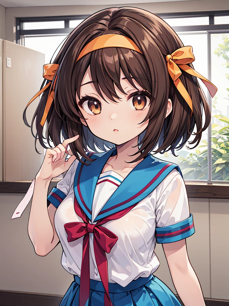 haruhisuzumiya, brown eyes, brown hair, medium hair, hair ribbon, hairband, kita high school uniform, serafuku, sailor collar, white shirt, short sleeves, Blue skirt, haruhi, upper body
