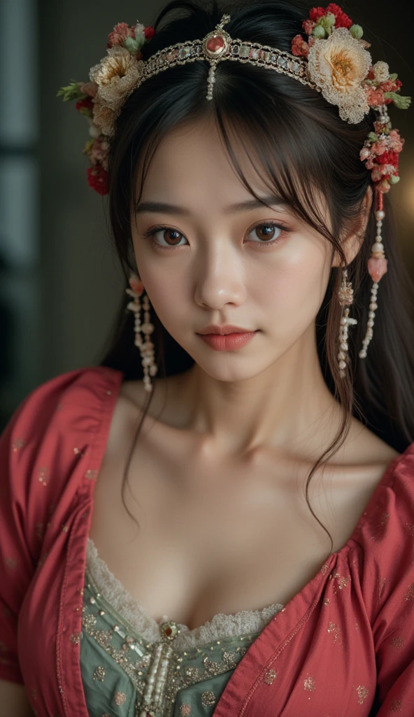 photo actual , Lip Gloss, painting,  actual ,  best quality , ultra High resolution, depth, Pastel,  Natural Shadows , Focus on the face , Face only,  and watch the audience,  long hair, Headdress,  dark haired, Brown, detailed eyes, skirt