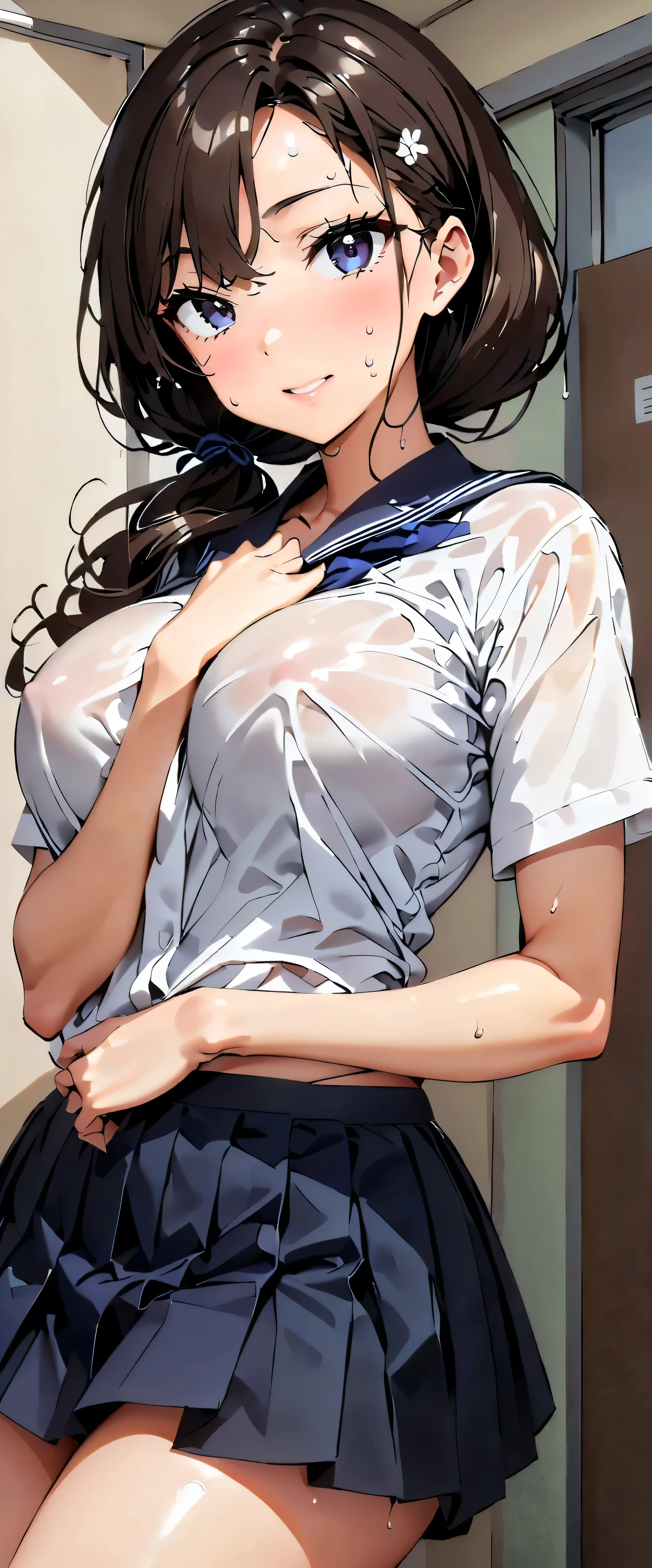 Brown Hair、Medium Hair)、,Double、 、(room)、(White blouse、Navy pleated mini skirt) (best quality,high resolution, realistic, highres, 1girl nsfw) ,slender body,vagina sex,,slant eyes,sweat,saliva,,large breasts,cum in pussy,(girl trembling with sexual climax),Sweating、(back bridging)、Bouncing 、big nipples、ahegao.Opening his mouth wide、Sticking out tongue、((Heart Pupil))