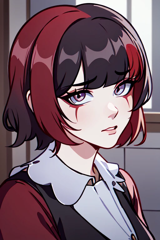((tmasterpiece, Best Quality))), ((独奏, 1girl)), ((redhead hair, black hair, multi-colored hair)), (white shirt, black necktie), Short Hair Hair, white pantyhose, Sits, very detail, photorealestic, photo realism, Surprised, Puzzled, Sad, Slightly blurry background