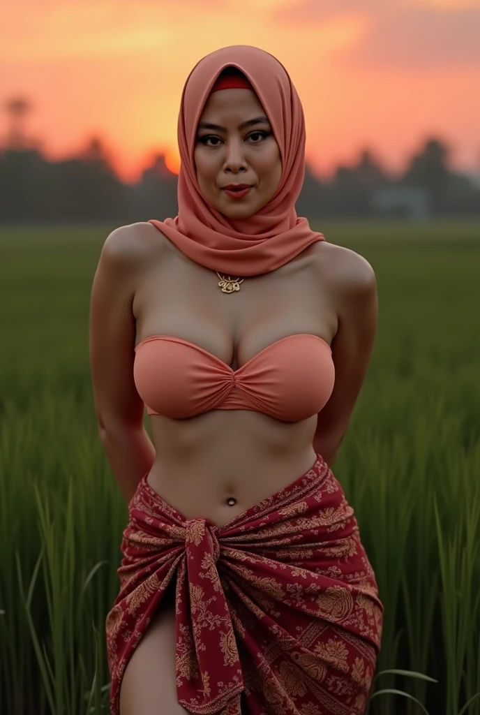 (best quality,4k,highres,masterpiece:1.2),ultra-detailed,(realistic,photorealistic,photo-realistic:1.37),
woman with hijab lying on the muddy paddy rice field, wet body soaked, huge breast, show pubic hairs wet,
portrait,detailed facial features,long dark hair,beautiful brown eyes with a sense of innocence,warm brown skin,natural blush on cheeks,plump lips with a touch of pink,colorful patterned hijab,
landscape,breathtaking view,misty morning atmosphere,sunrise over the horizon,golden sunlight casting gentle shadows on the field,lush green paddy rice plants swaying in the wind,
scenery,peaceful surroundings,sprawling muddy field,reflections of sunlight on the waterlogged soil,dark brown mud between the toes,
atmosphere,calm and serene atmosphere,feeling of tranquility,soft breeze rustling through the crops,sound of distant birds chirping,
clothing,stylish bra and mini skirt in vibrant colors contrasting with the natural surroundings,wet fabric clinging to the curves of her body,hint of sensuality and empowerment,
body language,relaxed posture,lying on her side with her head propped up on one hand,legs stretched out in front of her,communicating a sense of contentment and ,
emotion,contentment and joy radiating from her smile,inner peace reflected in her eyes,
details,droplets of water glistening on her skin,subtle sweat on her forehead,dew drops on the paddy rice leaves,beautiful lotus flower blooming nearby,
lighting,dramatic lighting,soft golden sunlight casting warm tones and shadows on the woman and the field,magical play of light and shadow,
color palette,rich and vibrant colors,natural earthy tones of the field,contrasting with the colorful hijab,
art style,realistic portrait with a touch of fantasy,blending elements of traditional and contemporary art,
atmospheric perspective,subtle mist in the distance,creating depth and adding a sense of mystery,
composition,woman positioned off-center,creating a sense of space and allowing viewers to appreciate the