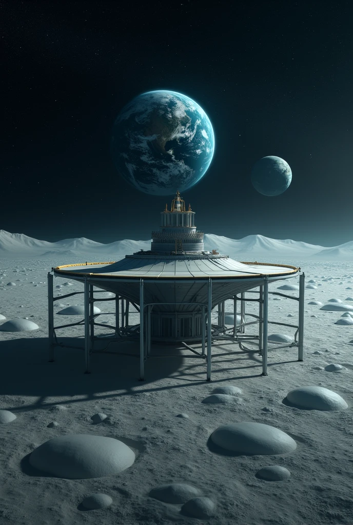 A saucer-shaped, futuristic building built on the surface of the moon. Supported by several steel pillars, the building seems to float in midair. A building that can be extended forever from the center outward in a spiral shape. It is already about 1 km in diameter. There is no air outside, so people can only live in buildings. Thousands of stars in the sky. The blue earth is also visible. In the distance, craters on the moon can be seen, but no large mountains are visible.