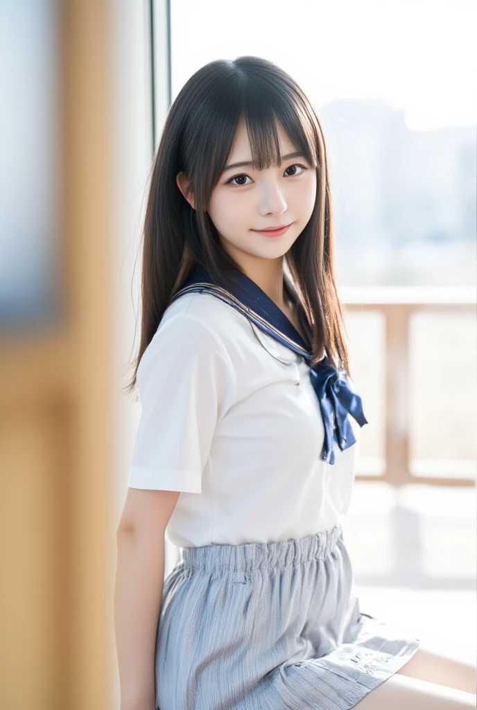 A beautiful East-Asian slender woman, long dark hair, looking over her shoulder, soft smile, wearing a white blouse with lace details and a light grey skirt with vertical stripes, sitting by a window with sunlight streaming in, soft and natural lighting, calm and serene atmosphere.