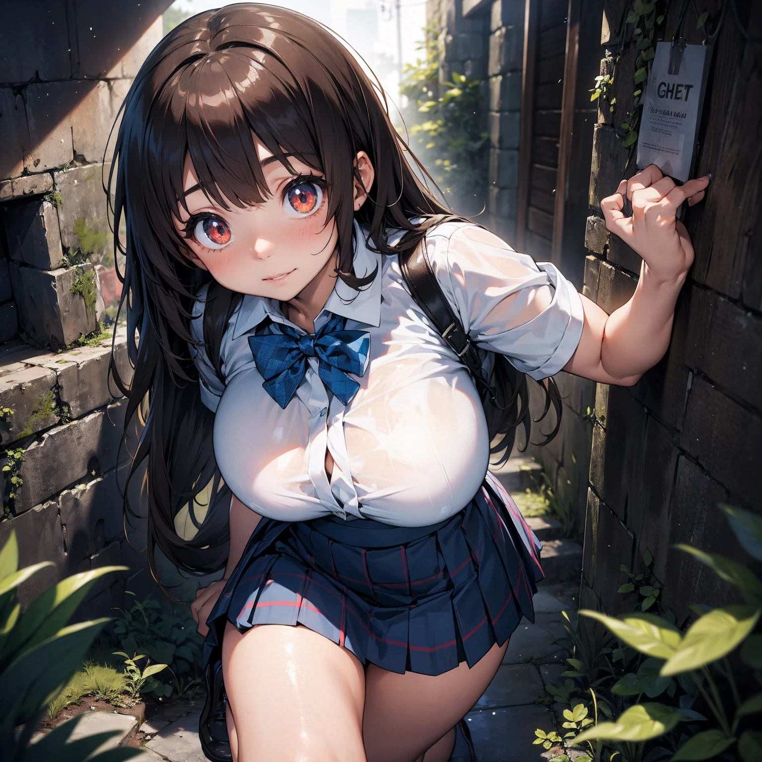 ((masterpiece,Highest quality:1.3,best quality illustration,realistic:1.3)),cowboy shot,solo,1woman,(18-year-old、Japanese Beauty)、brown hair,long hair,bangs,brown eyes,gorgeous eyes,((very small head:1.3)),crying,Heavy breathing,((very long body:1.2,skinny)),medium breasts,(Red ribbon tie、White collared shirt、Long sleeve navy blue pleated mini skirt),Wet crotch、sweat,gleaming skin,toned body,slender body,(squattin)g,Abandoned house、at night、Tokyo、