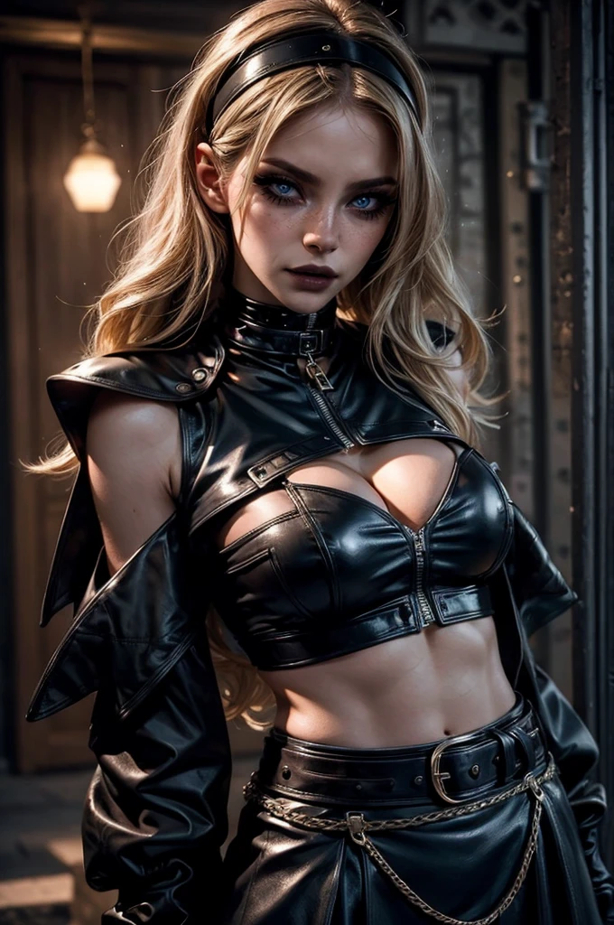 lora_Emma, a skinny blonde girl wearing full black shiny and glossy elegant leather outfit, innocent look, wide belt with chains, skirt, headband, collar, vest, cleavage, exposed midriff, navel piercing, arm sleeve, glamorous makeup, dramatic lighting, photorealistic, highly detailed, 1girl, beautiful detailed eyes, beautiful detailed lips, extremely detailed eyes and face, long eyelashes, high fashion, edgy, dark and moody, intense, cinematic, chiaroscuro lighting, cinematic composition, stunning, mesmerizing