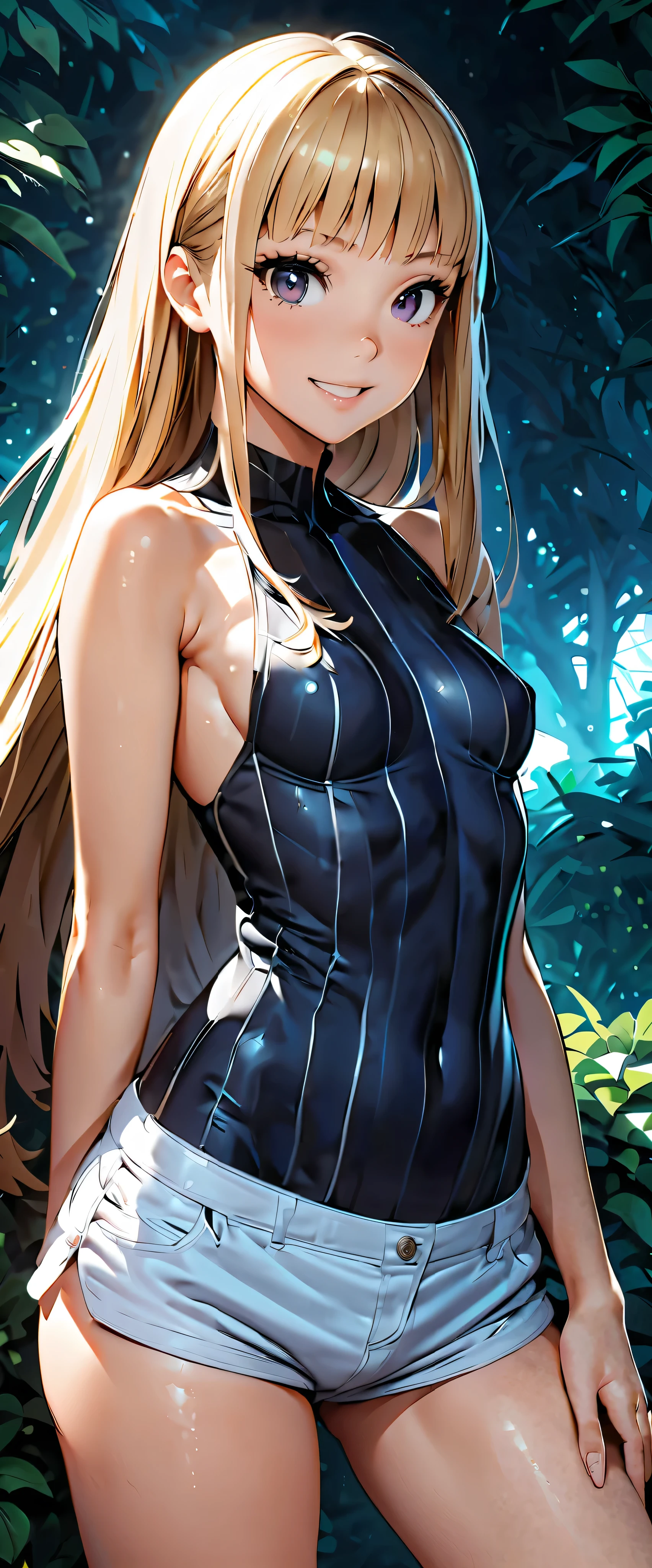 (((masterpiece)))、(( best quality))、( super detailed)、(CG illustration)、( very beautiful girl ))、 cinematic light 、((1 Girl))、 、(Beautiful and luxurious:1.2)、( one girl:1.3),garden,,White sleeveless V-line bodysuit,jean micro shorts,,smile,, skinny,Fits perfectly against the skin,Small breasts, shorthair,