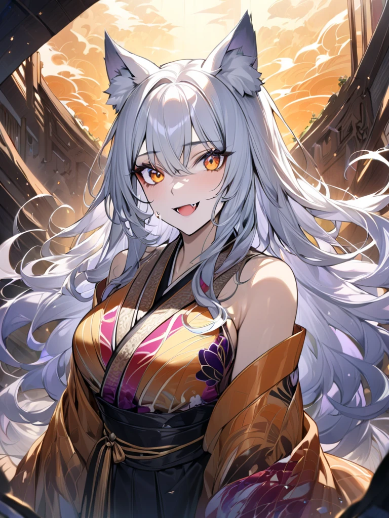 wolf girl, wolf ears, wolf tail, masterpiece:1.3,  anatomically correct:1.3, nsfw,  Ultra High Definition:1.3,  high definition facial:1.3, 4K:1.3, Focus: 35mm,  Fantastic Scenery :1.3,  Women's Outlines Shine,super fine illustration:1.1,  1 woman:1.3, solo:1.3,  cute face,  silver hair:1.3, Long Hair:1.3, Big Eyes,  Orange Eyes , Beautiful, different from humans as beastmen, The nobility of wolves :1.3, It's cramped,  Fascinating Atmosphere :1.2, fair skin:1.2,  sexy,  glamorous ,  medium breasts:1.2, Fang, break, Gorgeous Kimono:1.3, Vivid patterns,  The color gradation of kimonos ,Crystal Rose Hair Ornaments :1.2, Slim Style,  hair color gradation ,  earrings for a woman alone:1.1,Thick black outline:1.3