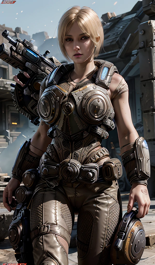 Anya Stroud. A beautiful blonde woman. Gears of war Female soldier. Half Short blonde hair. Naked arms. GEARS OF WAR female armor. Holding her gnasher shotgun and aiming ready to fire her enemies. Intricate detailed face. Aiming with shotgun, ready to fire. Wide hips. Strong complexion. In a mission. Gears sexy. heavy steel Armored bodysuit. Gears of war Female soldier. Gears of war universe. blue little lights on armor 