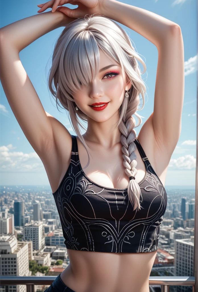 ultra realistic 8k cg, masterpiece, ((ultra detailed background, delicate pattern, intricate detail)), (highly detailed, fine details), best quality, 1girl, (photorealistic:1.4),beautiful lighting,  absurdres, RAW photo, film grain, ((medium breasts, slim girl)), 1girl, MeiMei, solo, long hair, braid, tanktop, hair over one eye, smile, braided bangs, black tanktop, braided ponytail, white hair, makeup, grey hair, red lips, one eye covered, lipstick, parted lips, single braid, (complex detailed background, outside, urban environment), showing her armpits