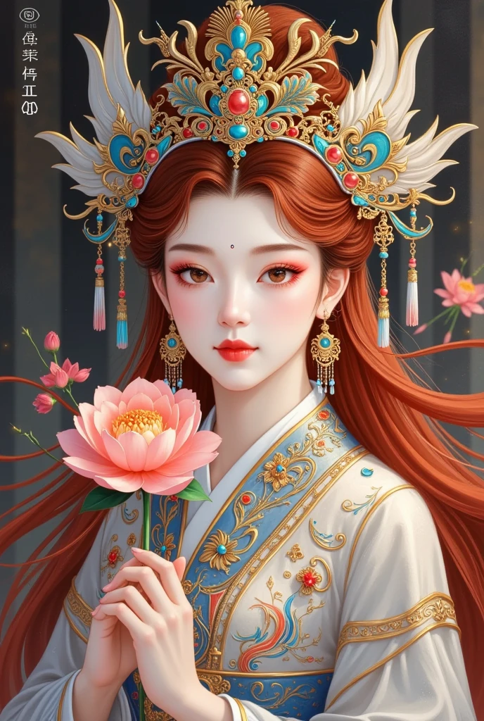  A woman with a crown and red hair holding a flower in her hand,  This is an ultra-detailed painting inspired by Lan Ying ,  is popular in the CG community, Fantasy Art,  a beautiful fantasy queen, (( a beautiful fantasy queen)),  portrait of a beautiful goddess ,  depicts a beautiful portrait of a goddess , Chinese Princess, ancient Chinese Princess, palace ，  girl in Hanfu, Beautiful character painting