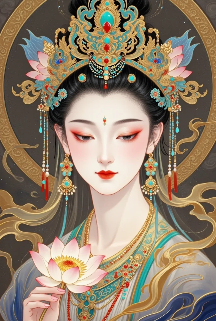   A beautiful goddess with a background of golden clouds and sky ,Portrait of a very beautiful girl ，Tara Bodhisattva ， red eyeshadow， red face ，Red lips，，front， skin details ，Fine hair。Crown(Dot emerald +Cloisonne+ filigree enamel+flower+pearl+tassel)， upper body ,  手持莲flower .  fair skin ,   is surrounded by clouds， with a golden halo on her face .(((Red Silk Streamer )))