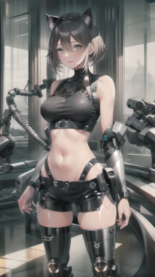 ubel,dark green hair,long hair,side ponytail,hair between eyes,bangs, BREAK (beret, black jacket, open clothes, cleavage, midriff, black shorts, black thighhighs, thigh strap, fingerless gloves, single glove:1.2), Photo,sharpness, F1.6 lens,hyper-realistic textures,spectacular light textures, Cinestil 800 Fashion Mechanics,(((Beautiful woman with left leg restrained and hung by chains))),Appearance,Beautiful girl with accentuated slender abs: 1.1,six-pack abs: 1.1, Bust Botox,Standing on tiptoe, long legs,Long brown hair fluttering in the wind,Brown hair, Long hair, Female Warrior Costume,(No panties,No bra),(tacticul battle fashion,elbow and knee tacticul battle fashion, battle glove: 1.1),((cute batre costume)),The belly comes out and the navel is visible,Thin sheer costume, combat gloves,shredded costumes,cyber long combat boots with golden knee pads,Anatomical,(futuristic sci-fi battle fashion, new elbow and knee cyberpads, new cyberlong boots, new cybergloves: 1.1),(tied perfectly by iron chain), Restraint, Slave, collars, contempt, (Chained), 4 chains hung from heaven, Metallic shackles and fetters, wet crotch clearly visible,((Hands are restrained above the head)), the neck is chained,Chain from left knee to heaven,Chained by rusty iron chains,((the tip is protruding, areolas protruding,The shape of the pubic area is clearly visible:1.2)),Sweating,Wet,Wet crotch,Wet thighs,Junkyard, Realistic, (cute, perfect clothes, skimpy clothes, cute: 1.3) ,Vast miritary base in us,((wide mirtary hospital with summer sunlight)), peeling ceilings, Rebar between, Realistic material details, Extreme details, Ultra-realistic materials,narrow waist,(with sparkling eyes and a contagious smile:0.9),looking at viewer,