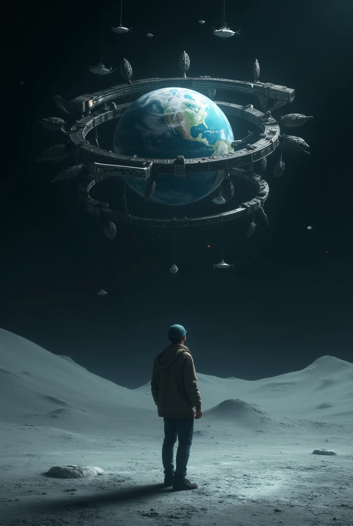  A vision of a person who is viewing planet Earth from the Moon,  a vision where the planet is surrounded by wheels looking like an alien planet, with ships ready for war .