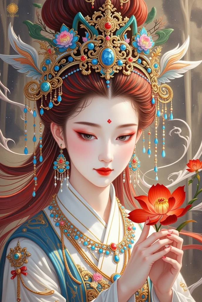  A woman with a crown and red hair holding a flower in her hand,  This is an ultra-detailed painting inspired by Lan Ying ,  is popular in the CG community, Fantasy Art,  a beautiful fantasy queen, (( a beautiful fantasy queen)),  portrait of a beautiful goddess ,  depicts a beautiful portrait of a goddess , Chinese Princess, ancient Chinese Princess, palace ，  girl in Hanfu, Beautiful character painting