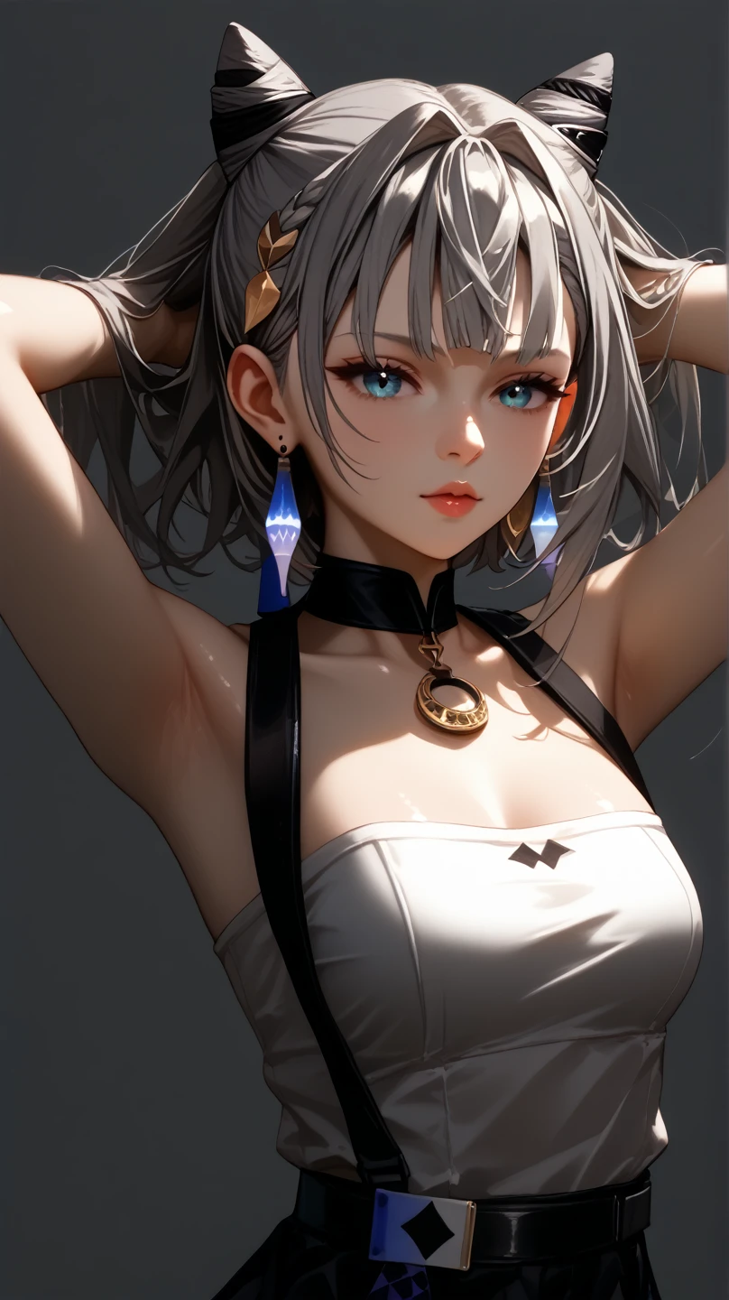 score_9,score_8_up,score_7_up, shiny skin,1 girl, VestiaZeta, Vestia Zeta Ho****ve, vestiadef, braid, cone hair bun, single thighhigh, grey hair, girl with grey hair, earrings, blank space, blank background, hands up, hands tying hair, hands on hair, armpit, naked