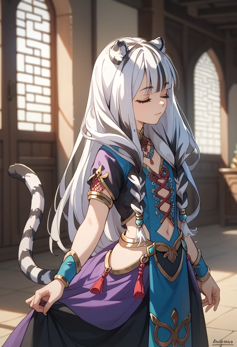 ((masterpiece)), anime style, 1girl, solo, long hair, white tiger ears, white tiger tail, closed eyes, Arabic outfit, purple outfit, black outfit, multicolored outfit, revealing outfit, white hair, two-tone hair, young, medieval clothes.