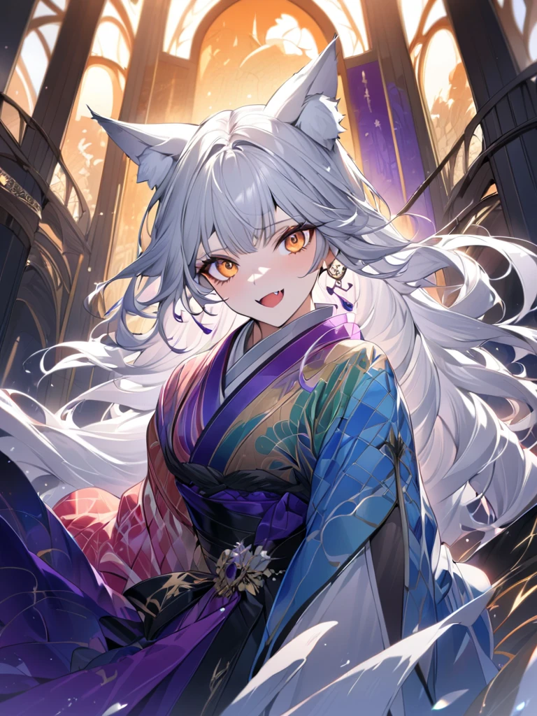 wolf girl, wolf ears, wolf tail, masterpiece:1.3,  anatomically correct:1.3, nsfw,  Ultra High Definition:1.3,  high definition facial:1.3, 4K:1.3, Focus: 35mm,  Fantastic Scenery :1.3,  Women's Outlines Shine,super fine illustration:1.1,  1 woman:1.3, solo:1.3, A dignified face,  silver hair:1.3, Long Hair:1.3, Big Eyes,  Orange Eyes , Beautiful, different from humans as beastmen, The nobility of wolves :1.3,  Fascinating Atmosphere :1.2, fair skin:1.2,  sexy,  glamorous ,  medium breasts:1.2, Fang, break, Gorgeous Kimono:1.3, Vivid patterns,  The color gradation of kimonos ,Crystal Rose Hair Ornaments :1.2, Slim Style,  hair color gradation ,  earrings for a woman alone:1.1,Thick black outline:1.3