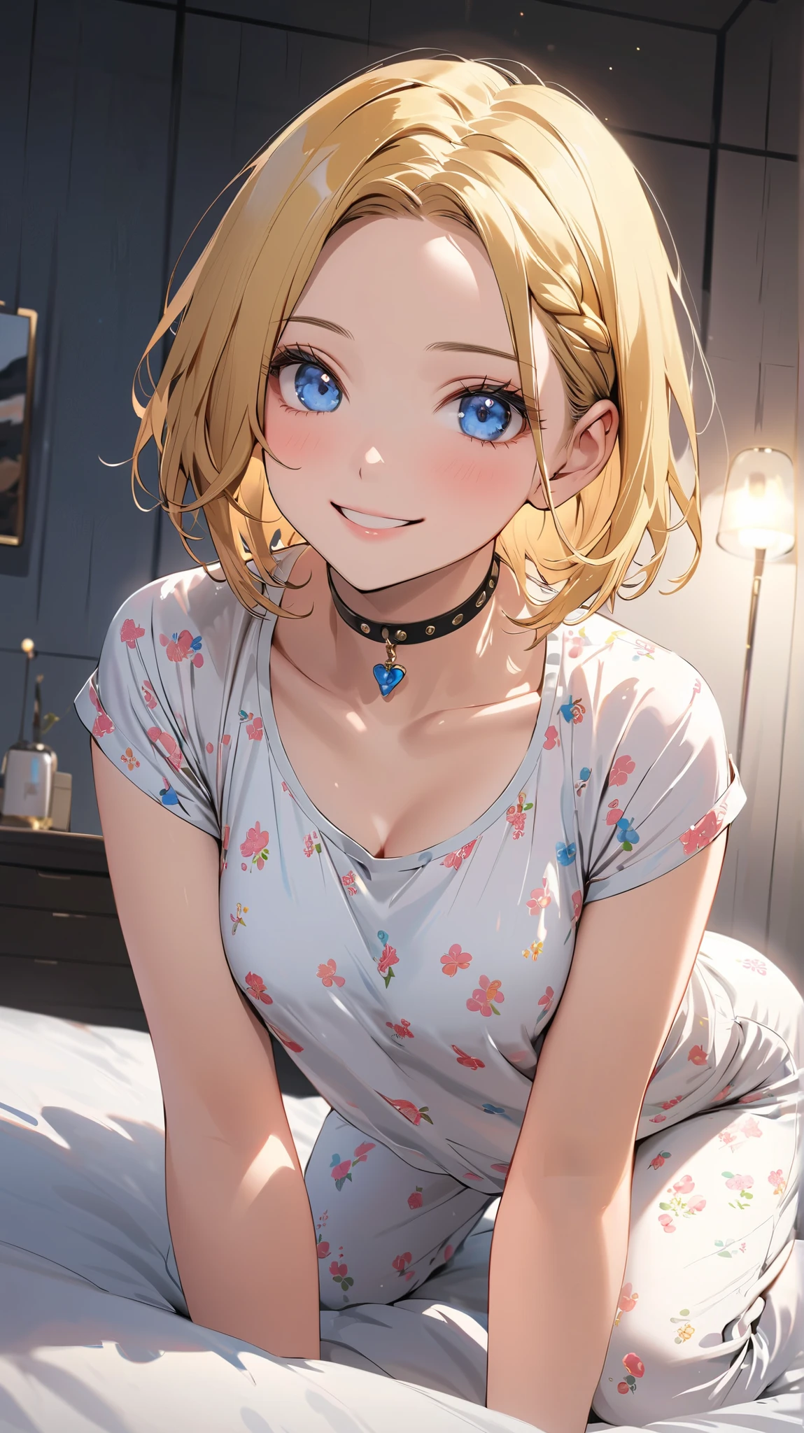 face details,semi realistic, Masterpiece, Master work, perfect , 4k,semi realistic, masterpiece, newest, absurdres, 1girl, full body view, ager, average breast breasts, half parted bangs, forehead, short hair, chignon hair style, wearing headband, yellow colored hair, bright blue eyes, cheeky smile expression face, choker, wearing pajama, wearing short pants, lie down on bed pose, inside bedroom, high res, ultrasharp, 8k, masterpiece, look at viewer, dramatic view, solo focus, looking at viewer