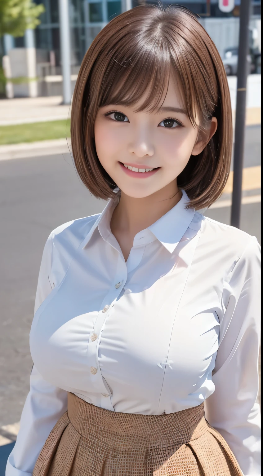  .................,, In front of school、   skirt 、 long sleeve white shirt、格子柄 skirt、On, , sakimichan,, So cute and cute ,   , nice smile, sakimichan hdri、Lori、 boobs、Beautiful breasts 、,(Big Breasts:1.20),(:1)、 brown hair、 brown hairの髪、、 short hair、Cute pose、 closes her mouth