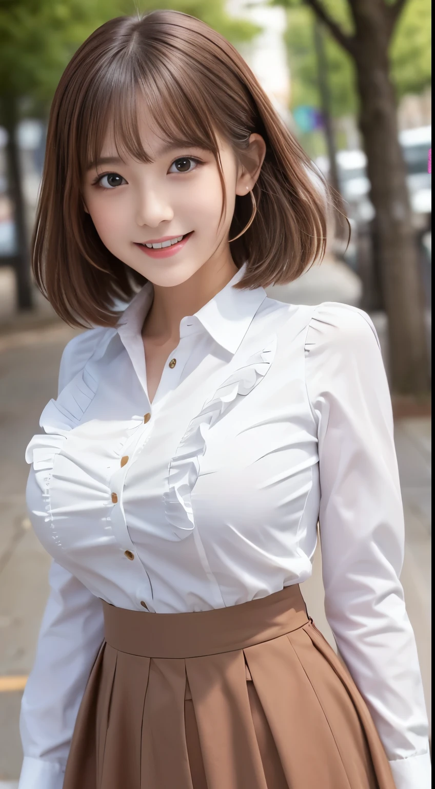  .................,, In front of school、   skirt 、Long-sleeved white shirt with ruffles on the chest、格子柄 skirt、On, , sakimichan,, So cute and cute ,   , nice smile, sakimichan hdri、Lori、 boobs、Beautiful breasts 、,(Big Breasts:1.20),(:1)、 brown hair、 brown hairの髪、、 short hair、Cute pose、 closes her mouth