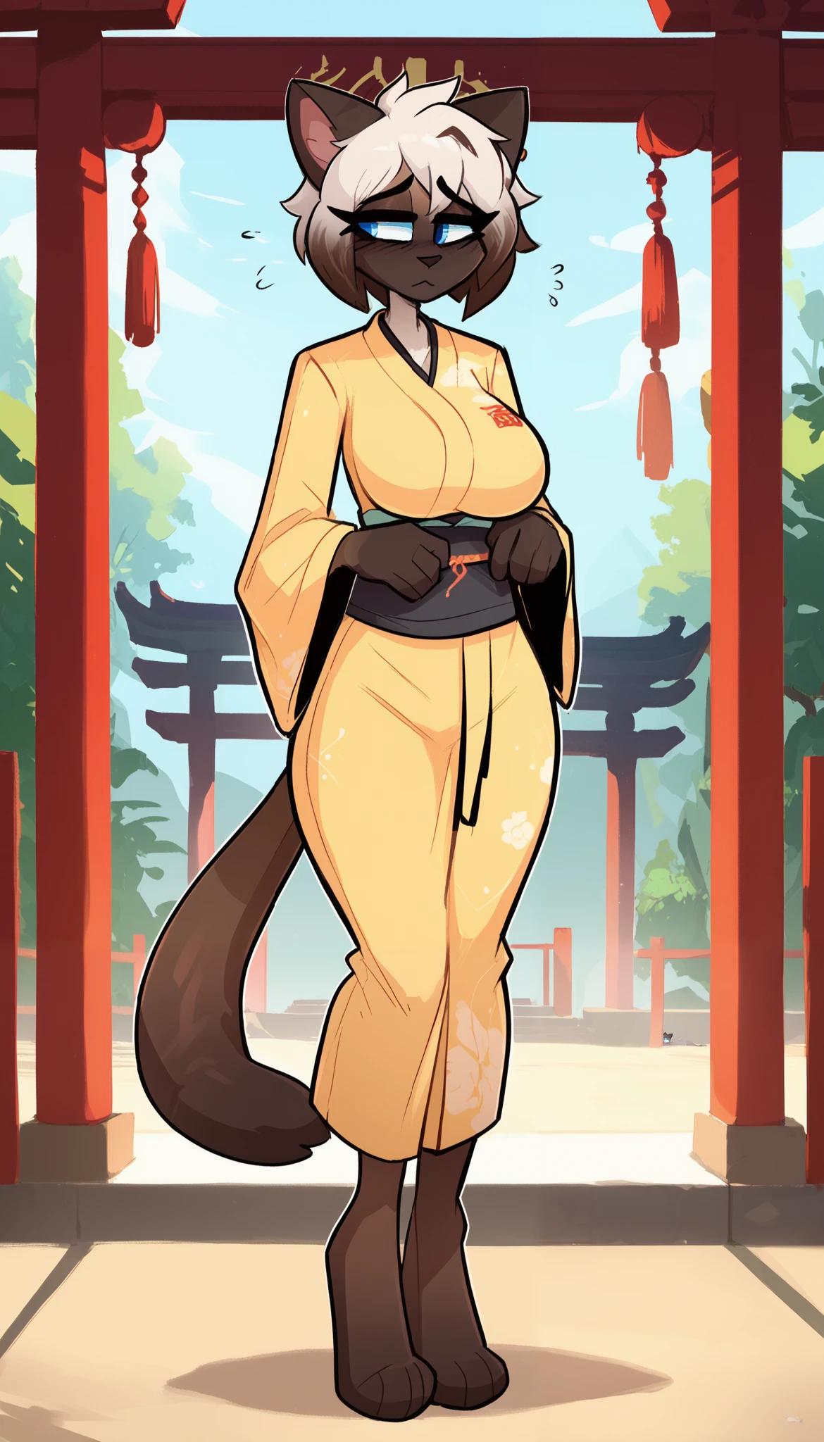 Half-closed eyes, tired eyes, depressed expression, 1girl, anthro, furry, fur, fluffy fur, siamese cat, cat girl, japanese temple, white hair (brown highlights), blue eyes, short hair, full body, (19 years), big breast, thicc thighs, solo, half-closed eyes, detailed, yellow kimono, sad, standing, (kilinah), score_9, score_8_up, score_7_up, score_6_up, score_5_up, score_4_up