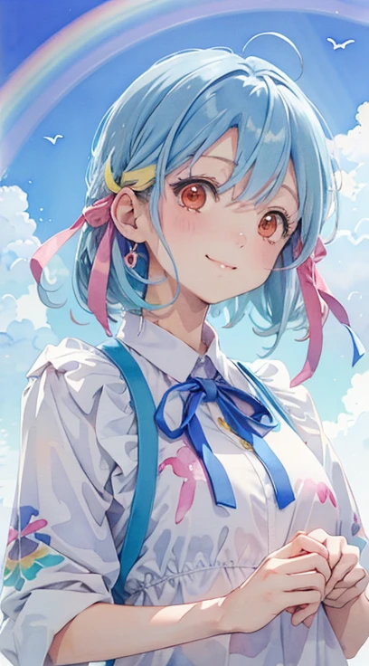 Yumekawa 、 dreamy cute、Pale、Haze、(​masterpiece、top-quality、top-quality、Watercolor、 Official Art、Beautiful aesthetic:1.2)、(a beauty girl:1.3)、smile、 cloud、 blue sky、 、day、Outdoors、 patterns、( Rainbow Colored Hair 、 colorful な髪:1.2)、 colorful なドレス、 colorful 、The hair is spreading 、Cute、pastel、 big ribbon、Do owls fly