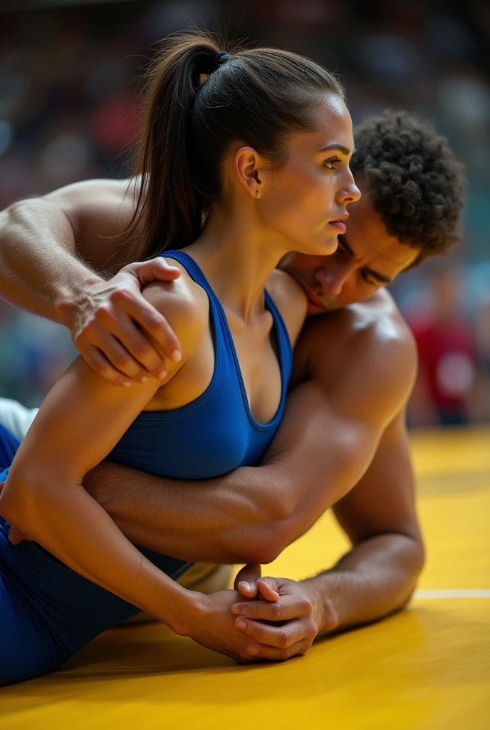 SeaArt Txt2Img Studio Robot Great Details, 8k photos, hyper realism, Realistic background, visual depth, wide-angle lens, professional light. "{an incredibly beautiful woman, Face perfect, with dark brown hair, White skin, slicked back hair, far away, She applies an armbar to her opponent. The woman is a freestyle wrestling , She wears a blue freestyle wrestling suit, where her big and beautiful breasts are easily seen.. She fights against an opponent in a white freestyle wrestling suit. she is sweaty, But she retains an attractive and sensual appearance. The scene is a world of women'freestyle wrestling competition. freestyle wrestling suit-Matten. She is She applies an armbar to her opponent..