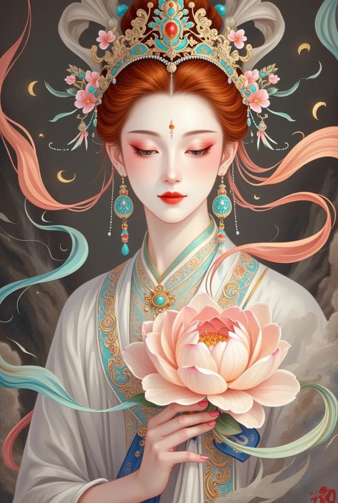  A woman with a crown and red hair holding a flower in her hand,  This is an ultra-detailed painting inspired by Lan Ying ,  is popular in the CG community, Fantasy Art,  a beautiful fantasy queen, ((Tara Bodhisattva )),  portrait of a beautiful goddess ,  depicts a beautiful portrait of a goddess , Chinese Princess, ancient Chinese Princess, palace ，  girl in Hanfu, Beautiful character painting