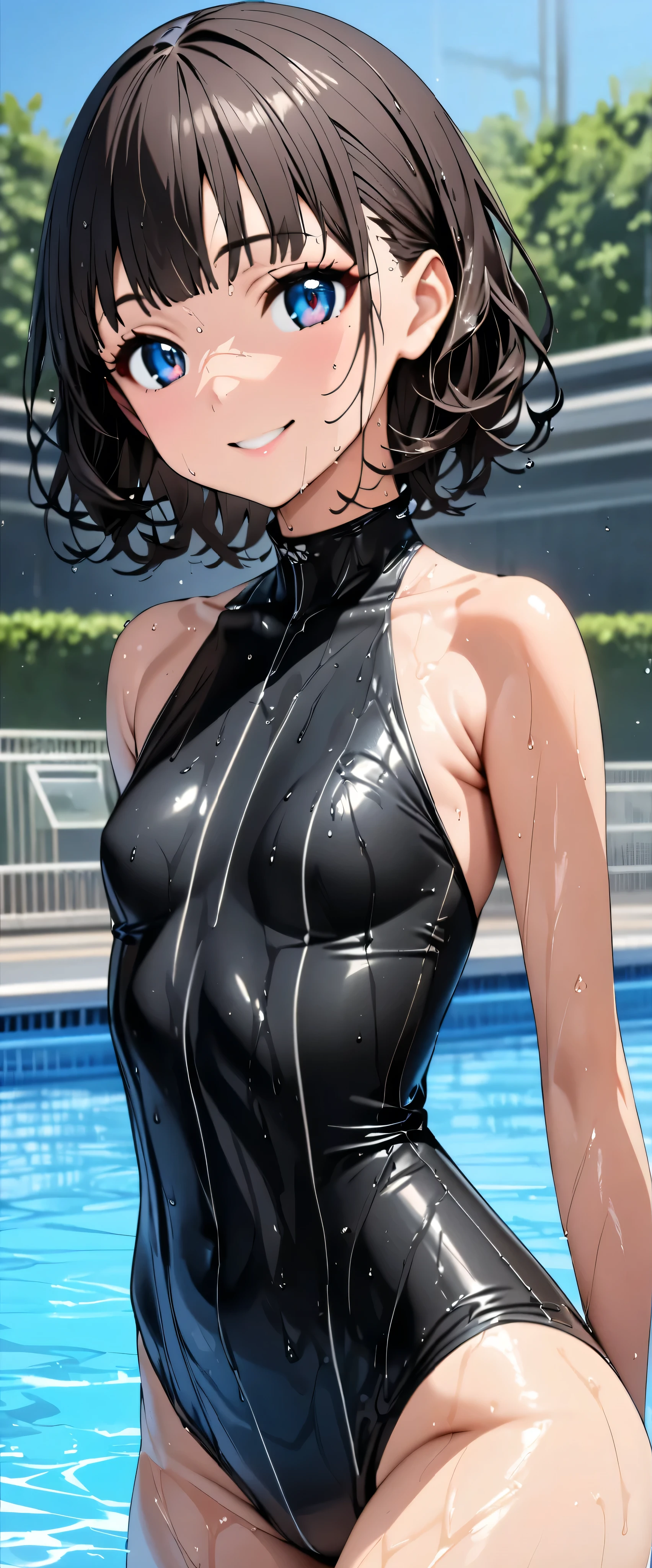 (masterpiece, best quality,超A high resolution), one Japanese woman , ((( very beautiful  girl))), cute、View Photographers､  ((smile)), Very cute face, Glossy lips,  double eyelids on both eyes ,natural smile、  natural makeup,  long lashes, Glossy and smooth hair､ center image ,  Perfect limbs,  Perfect Anatomy,((cuteschool swimsuit))),Pool,Chise,crowd,Small breasts, skinny,Fits perfectly against the skin,Wet with water, shorthair,