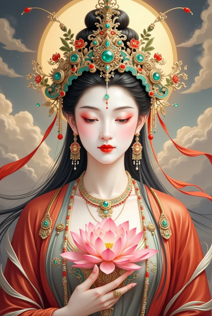  flowing red silk， A beautiful goddess with a background of golden clouds and sky, Portrait of a Very Beautiful Girl，Tara Bodhisattva ， red eyeshadow， red face ，Red lips，，front， skin details ，Fine hair。Crown(Dot emerald +Cloisonne+ filigree enamel+flower+pearl+tassel)， upper body ,  手持莲flower .  fair skin ,  Surrounded by clouds ， with a golden halo on her face .(((Red Silk Streamer )))