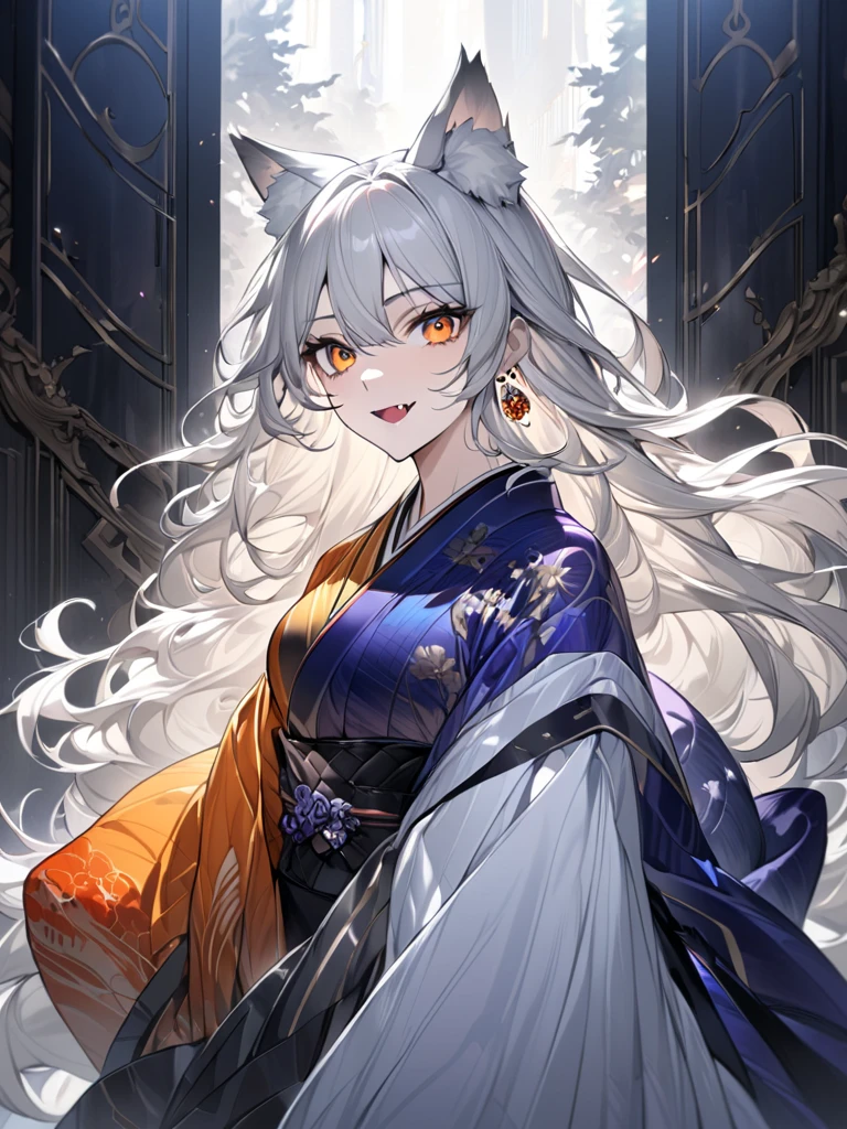 wolf girl, wolf ears, wolf tail:1.2, masterpiece:1.3,  anatomically correct:1.3, nsfw,  Ultra High Definition:1.3,  high definition facial:1.3, 4K:1.3, Focus: 50mm,  Fantastic Scenery :1.3,  Women's Outlines Shine,super fine illustration:1.1,  1 woman:1.3, solo:1.3, A dignified face,  silver hair:1.3, Long Hair:1.3, Big Eyes,  Orange Eyes , Beautiful, different from humans as beastmen, The nobility of wolves :1.3,  Fascinating Atmosphere :1.2, fair skin:1.2,  sexy,  glamorous ,  medium breasts:1.2, Fang, Fluffy tail, break, Gorgeous Kimono:1.3, Vivid patterns,  The color gradation of kimonos ,Crystal Rose Hair Ornaments :1.2, Slim Style,  hair color gradation ,  earrings for a woman alone:1.1,Thick black outline:1.3