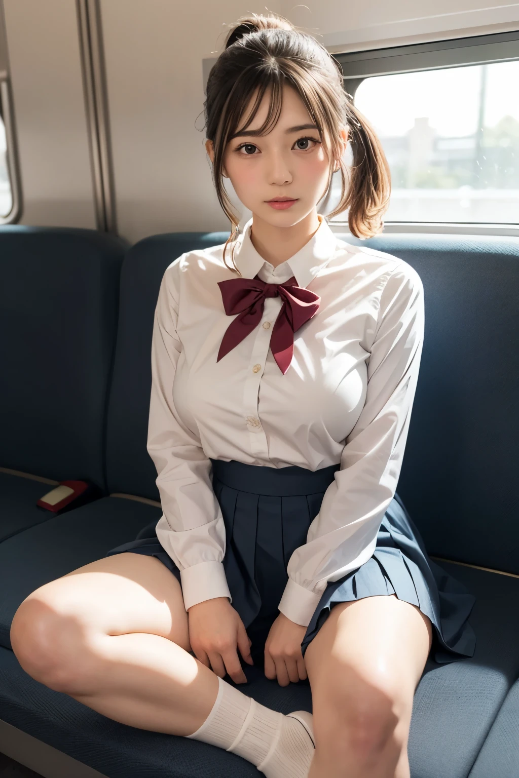 Beautiful Japanese female idle, blouse, Pleated skirt, school uniform, foot,  girl sitting in train long seat,  with legs spled, Plump breast, Blonde pony tail, Blushed face, 