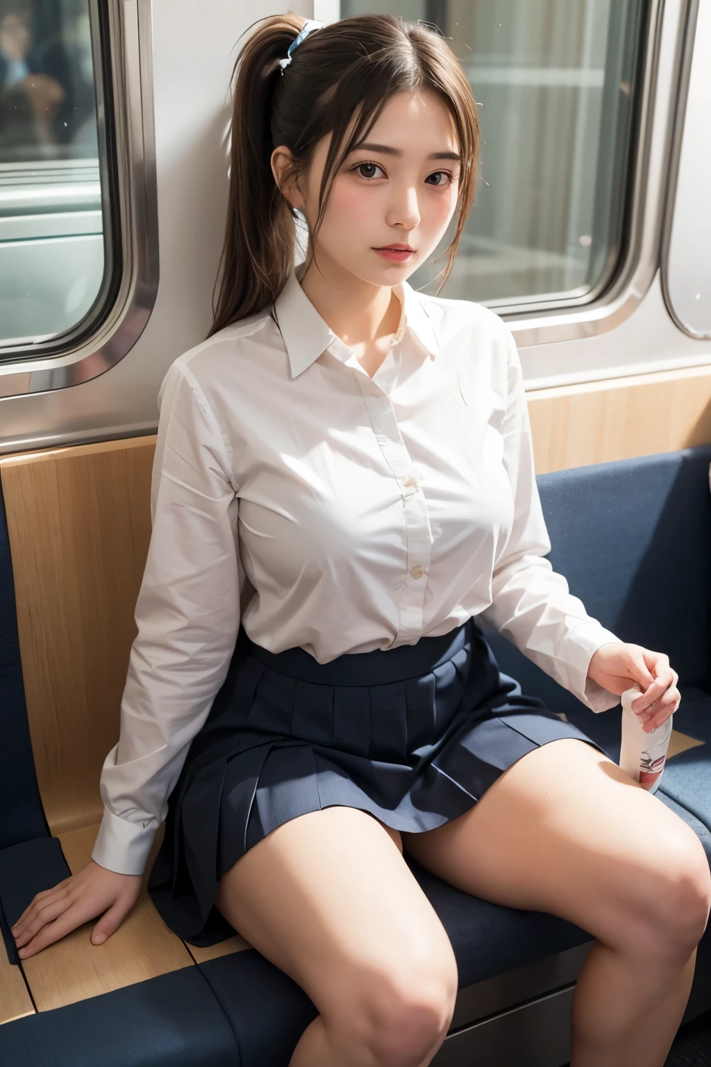 (cloth), (Thin black long-skirt:1.3), (White-Panty:1.25), Recruitment Suit,,(Professional portrait, Professional Writing) ,masterpiece,最high quality,Realistic,8k,Official Art, Ultra-high resolution, ,,Shining Cheeks ,(Glowing Skin:1.02),Medium Hair,(Blonde gradient hair:1.02), 8k,high quality, Super detailed, 最high quality, Very detailed, beautiful , (Professional portrait, Professional Writing) ,masterpiece,最high quality,Realistic,8k,Official Art, Ultra-high resolution,, , Vivid and cute panty, 　, Straight bangs, Medium Hair、Shrine maiden, , , 、Show your panties neatly from the front、Brown Hair、Cheerleader、ribbon、, (The background is inside a train:1.03), NUDE,、,　(Cotton-Sexy-Panty:1.03), (spread-legs:1.05),, Focus Crotch, (Half-close your eyes:1.23), Sit with good posture, (Low-Angle:1.2)