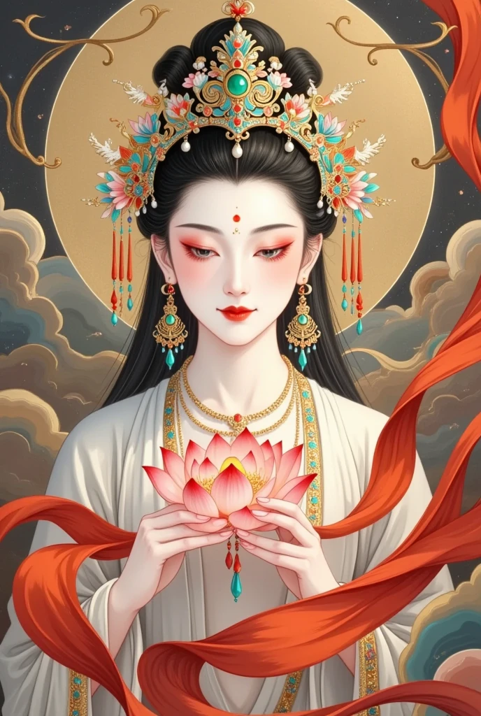 flowing red silk， A beautiful goddess with a background of golden clouds and sky ,Portrait of a very beautiful girl，Tara Bodhisattva ， red eyeshadow， red face ，Red lips，，front， skin details ，Fine hair。Crown(Dot emerald +Cloisonne+ filigree enamel+flower+pearl+tassel)， upper body , 手持莲flower .  fair skin ,  is surrounded by clouds， with a golden halo on her face .(((Red Silk Streamer )))
