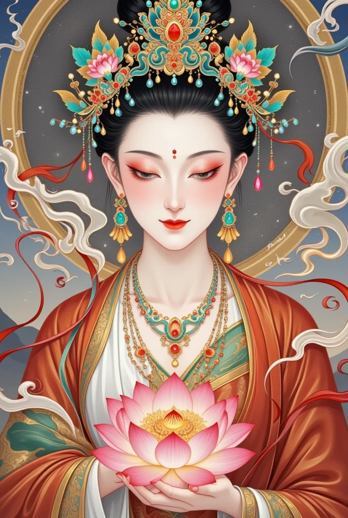 Flying，flowing red silk， A beautiful goddess with a background of golden clouds and sky,Portrait of a very beautiful girl，Tara Bodhisattva ， red eyeshadow， red face ，Red lips，，front， skin details ，Fine hair。Crown(Dot emerald +Cloisonne+ filigree enamel+flower+pearl+tassel)， upper body , 手持莲flower .  fair skin , Surrounded by clouds ， with a golden halo on her face .(((Red Silk Streamer )))
