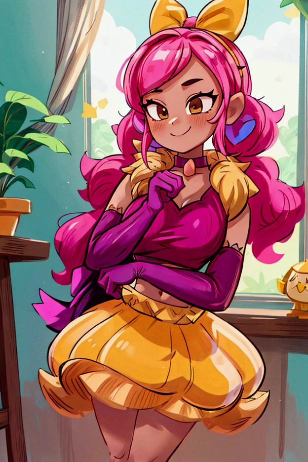 "Masterpiece, best quality, 1 girl melodie brawl stars, pink hair, big bow, elbow gloves, black crop top, fur stole, choker, standing indoors with intricate details and sunlight. black orange and yellow frilled long dress striped with short neckline, Sweet smile, sexy pose, coquette, beautiful legs, mature body, gorgeous, pronounced breasts