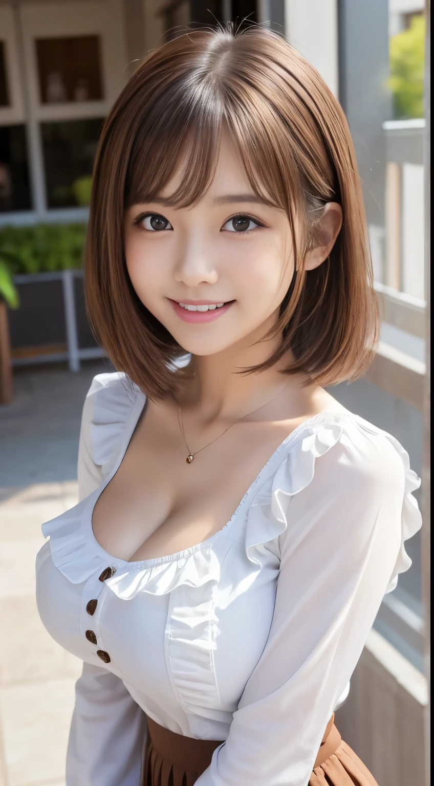  .................,, In front of school、   skirt、white long-sleeved shirt with ruffles on the chest、格子柄 skirt、On, , sakimichan,, So cute and cute ,   , nice smile, sakimichan hdri、Lori、 boobs、Beautiful breasts 、,(Big Breasts:1.20),(:1)、 brown hair、 brown hairの髪、、 short hair、Cute pose、 closes her mouth