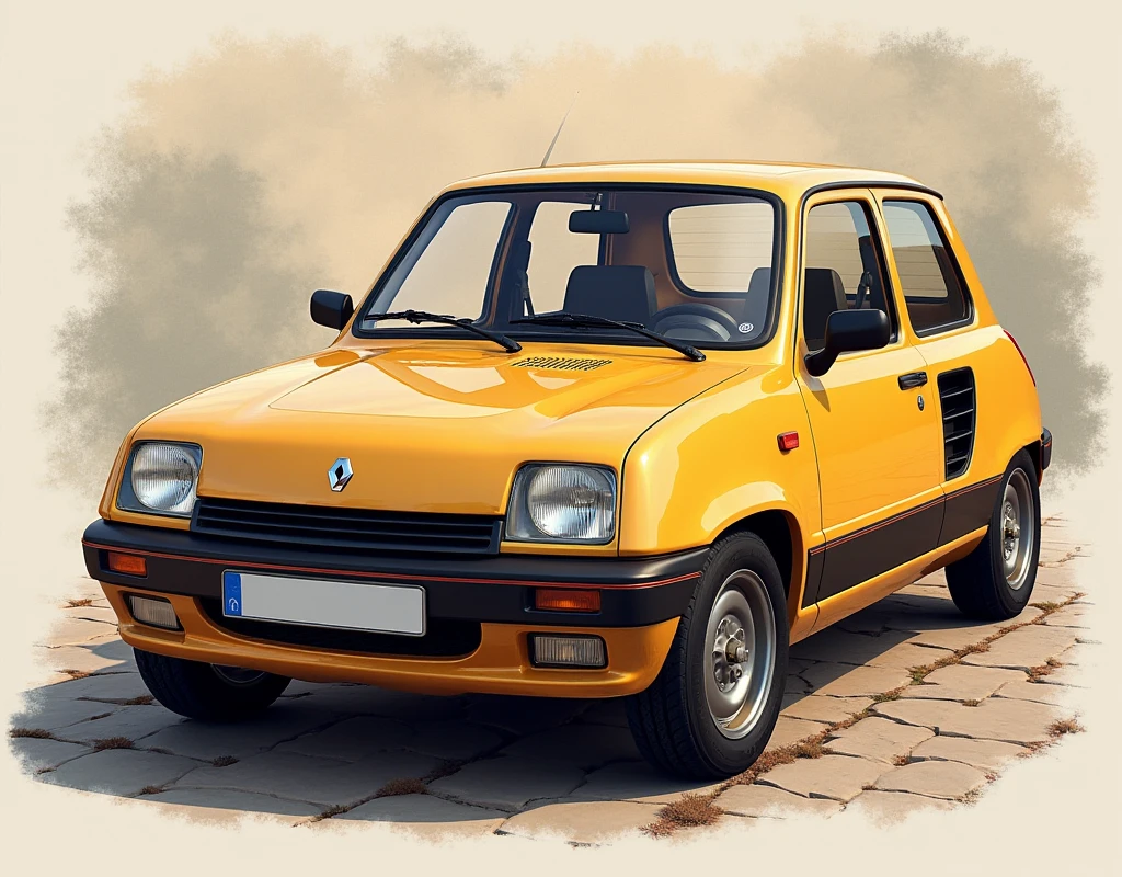 Create a hyper-realistic illustration of a single Renault 5 from 1994, designed to look like a high-resolution photograph taken with an iPhone 15 Pro. The car should be depicted in exquisite detail, capturing its distinctive 90s design elements such as the iconic front grille, round headlights, and the compact, boxy shape. Ensure the illustration showcases the car's classic features, including its characteristic side mirrors, alloy wheels, and the distinctive rear hatch design. The setting should be a realistic environment, such as an urban street or a scenic background, with the car as the sole focus. Use accurate lighting and reflections to mimic the quality of a modern smartphone camera, with sharp, natural shadows and highlights that emphasize the car's contours and textures. The illustration should include intricate details like the texture of the paint, the reflections on the windows, and the subtle wear and tear of a vintage vehicle, all contributing to a lifelike, photorealistic appearance